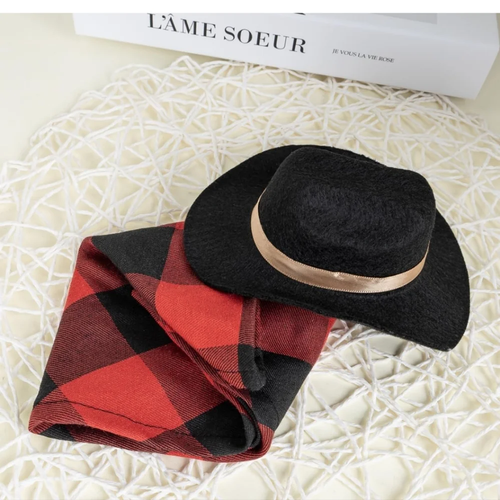 👣4/$20. Black Cowboy Hat with Red Plaid Scarf for Dogs. NWT